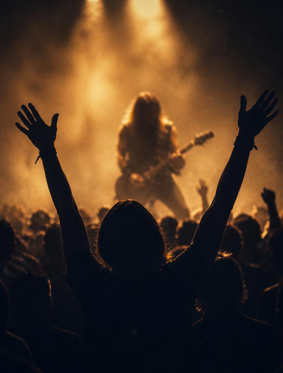 Fan in silhouette with raised hands at a concert, guitarist blurred on stage behind golden haze